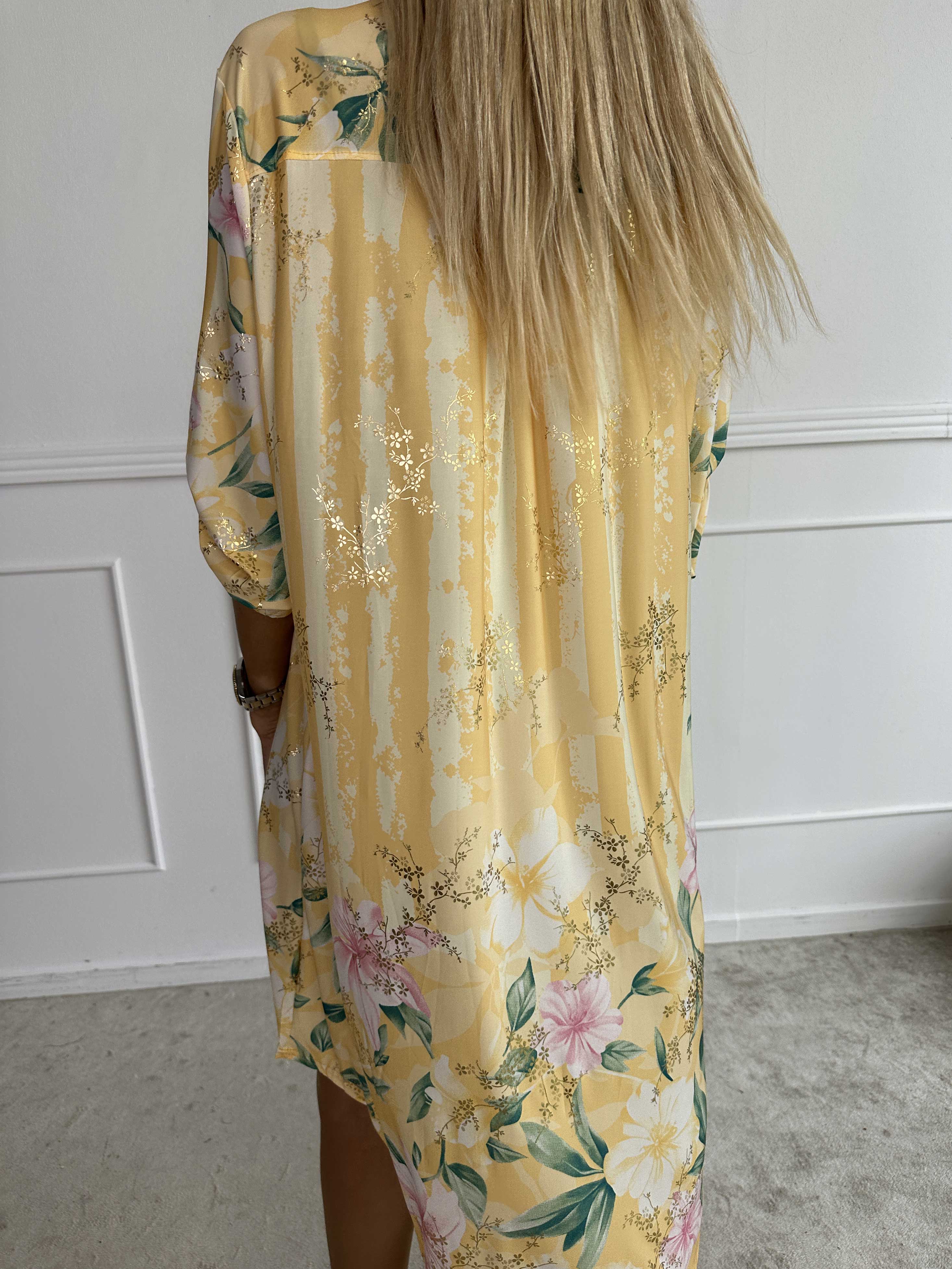 Ebba Floral Stripe Long - Elastisk blomstret kjole med guld detaljer